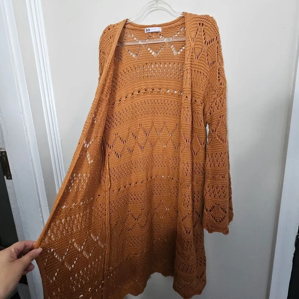 So Mustard Yellow Boho Crochet Stitch Kimono Open Cardigan Wide Sleeve M… - Picture 10 of 10